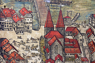 Einst hatte das Fraumünster zwei Türme, wie der Plan von Jos Murer (1576) zeigt. © Zentralbibliothek Zürich, gemeinfrei© Zentralbibliothek Zürich, gemeinfrei