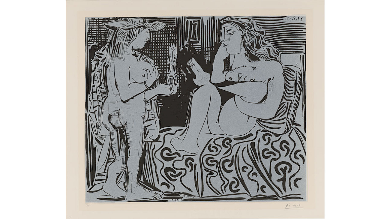 Pablo Picasso Deux femmes avec un vase à fleurs, 27. September 1959 Linolschnitt 62,3 × 75,4 cm Inv.-Nr. 1093.209 Graphische Sammlung ETH Zürich Depositum Gottfried Keller-Stiftung, Schenkung Bloch, Zugang 1972; © Succession Picasso / 2025, ProLitteris, Zurich