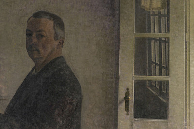 Vilhelm Hammershøi, Selbstporträt. Das Landhaus Spurveskjul in Sorgenfri, nördlich von Kopenhagen, 1911, Öl auf Leinwand, 126 x 149,5 cm, SMK, National Gallery of Denmark, Copenhagen, Foto: Statens Museum for Kunst, open.smk.dk, public domain